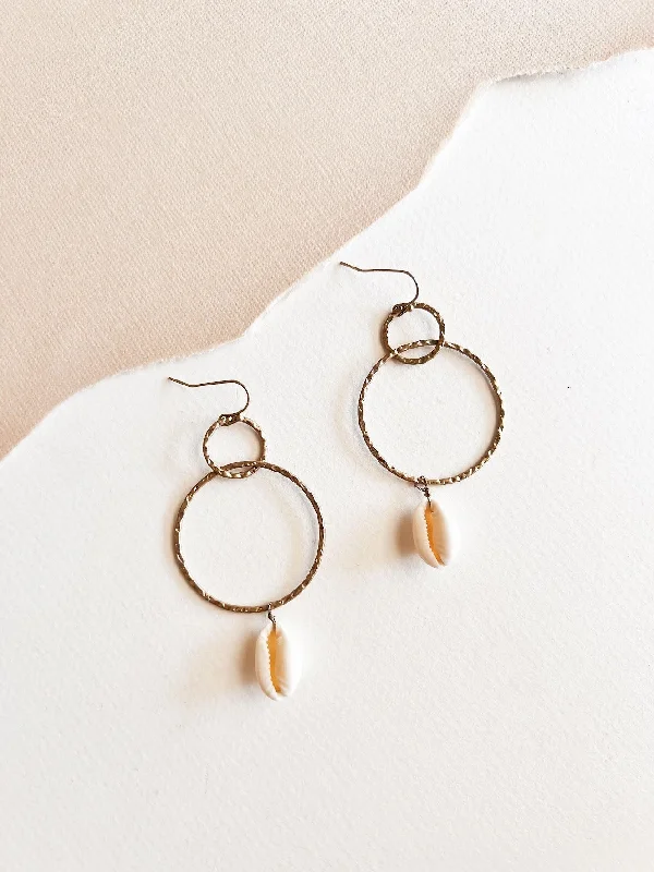 Thick band rings-Bali tile earrings-Blake Dangle Hoop Earrings | Gold Hoops with Shells