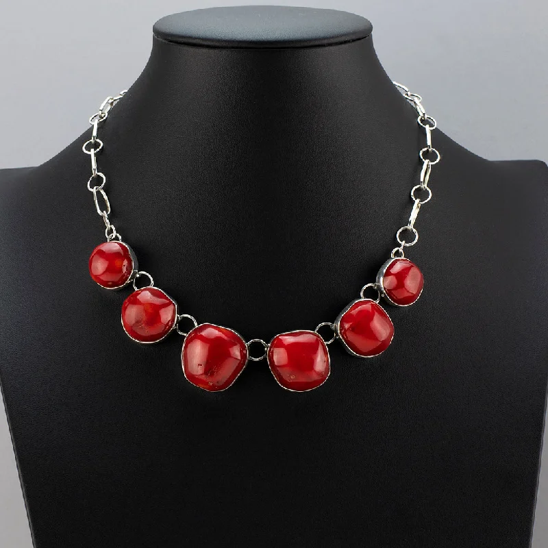 Victorian style necklaces-Chunky Silver and Red Coral Necklace