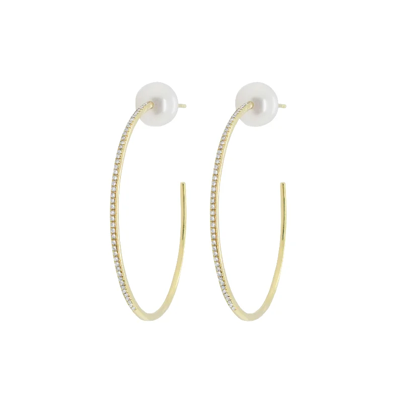 Layered tier earrings-Glossy shine earrings-14K GOLD DIAMOND AND PEARL ELLIE HOOPS