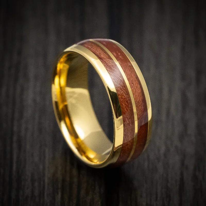 Yellow Gold Tungsten Men's Ring with Koa Wood Inlays