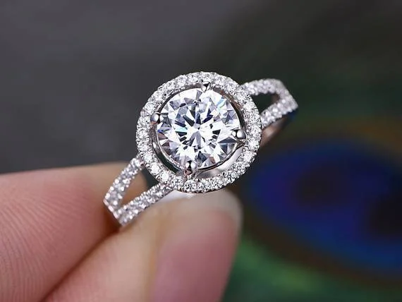 Unique Split Shank 1.50 Carat Round Cut Halo Moissanite Diamond Wedding Ring in 10k White Gold