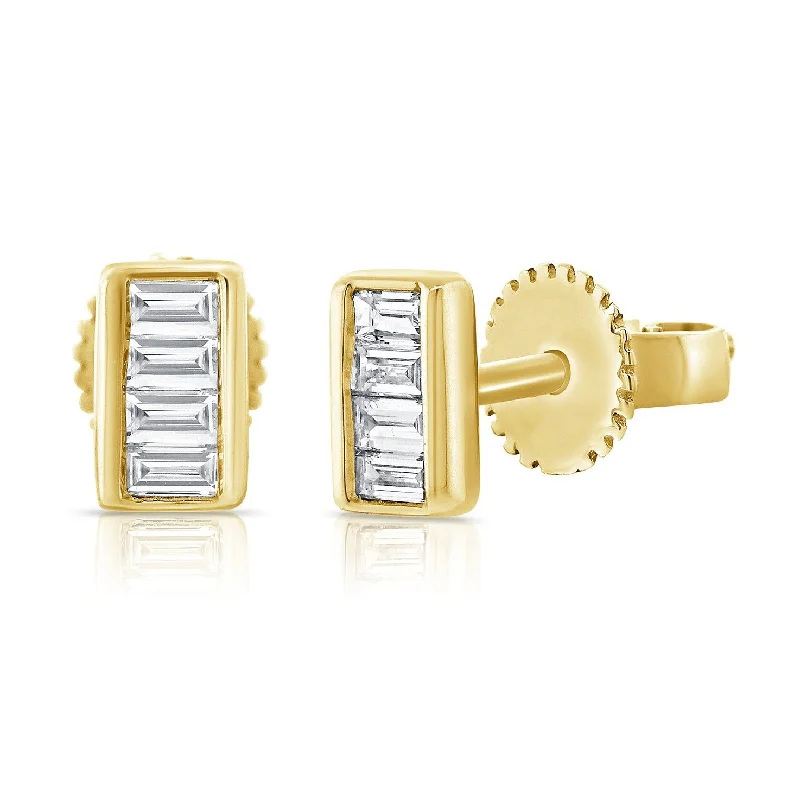 Linen cord earrings-Victorian style earrings-14K GOLD DIAMOND RECTANGLE BAGUETTE BEZEL STUDS