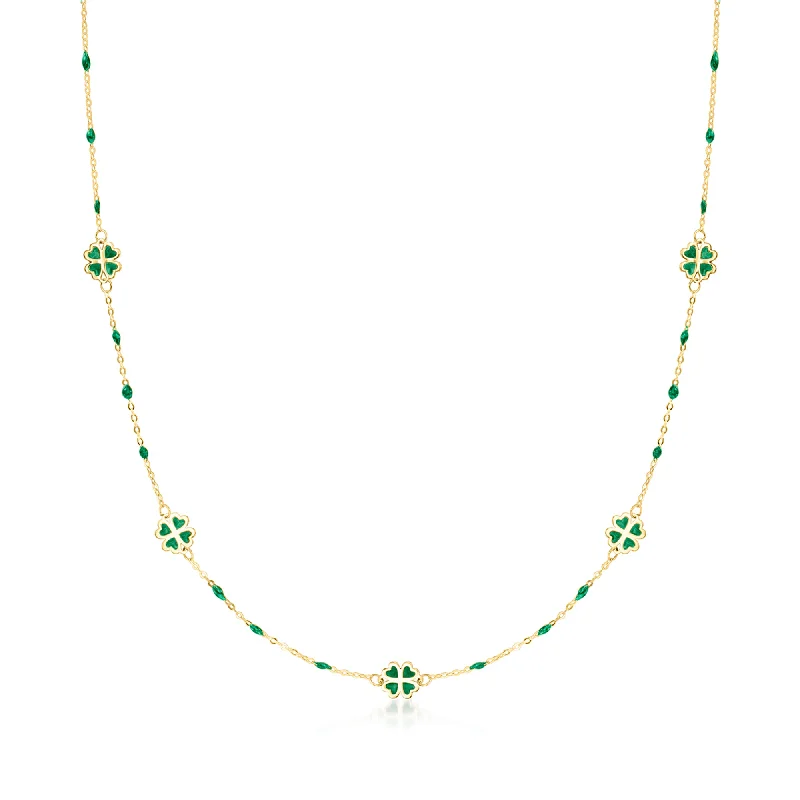 Clean-line necklaces-Ross-Simons Italian Green Enamel Clover Station Necklace in 14kt Yellow Gold