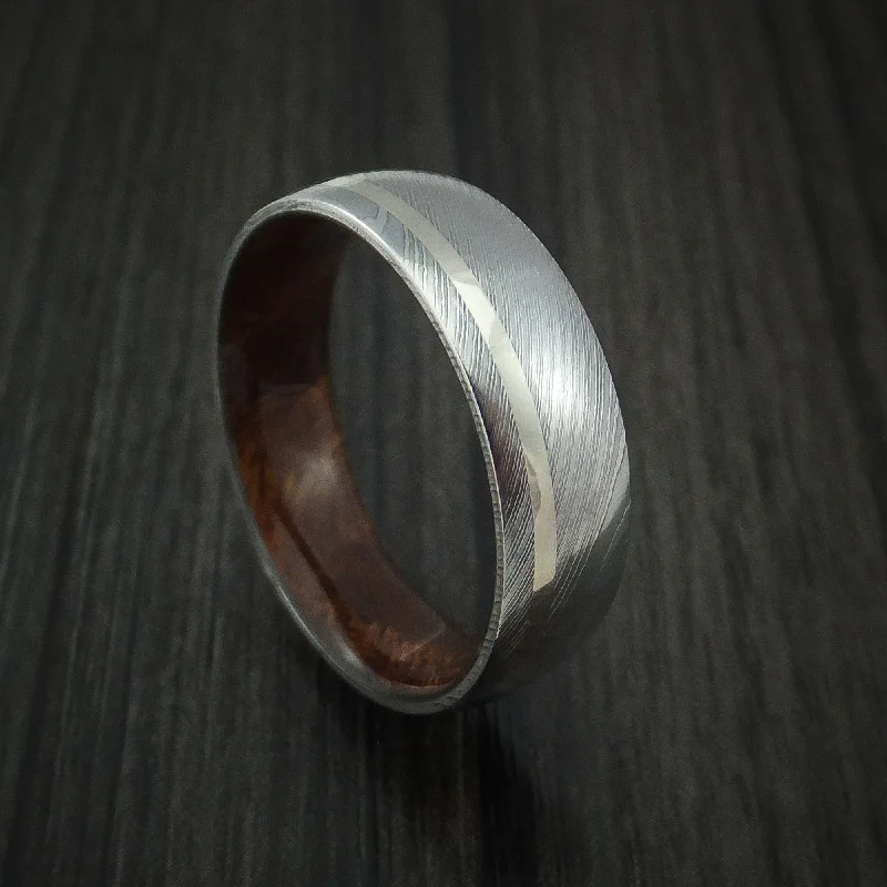 Damascus Steel Men's Ring with 14k White Gold Inlay and Hardwood Interior Sleeve Custom Made Band