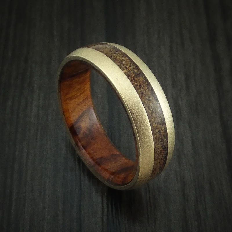 14K Yellow Gold and Tan Dinosaur Bone Men's Ring with Desert Ironwood Burl Wood Sleeve Custom Made Fossil Band