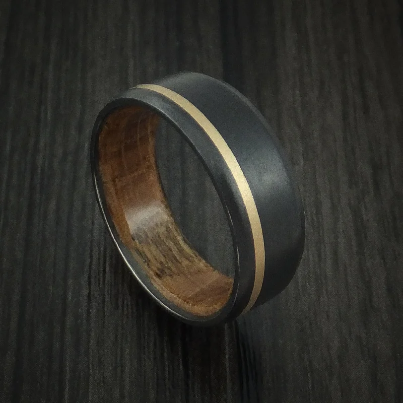 Black Zirconium Men's Ring with 14K Yellow Gold Inlay and Hardwood Sleeve