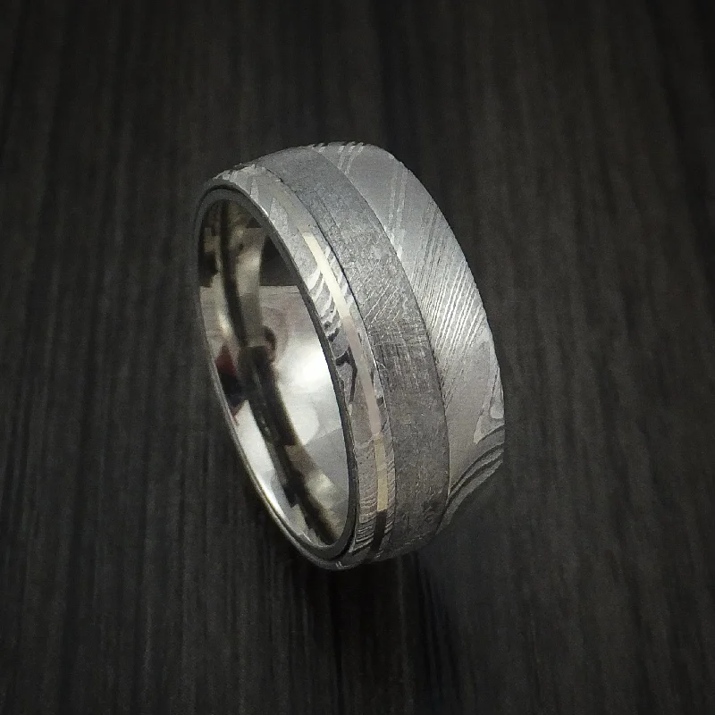 Kuro Damascus Steel and Gibeon Meteorite Men's Ring with 14k White Gold Inlay Custom Made Band