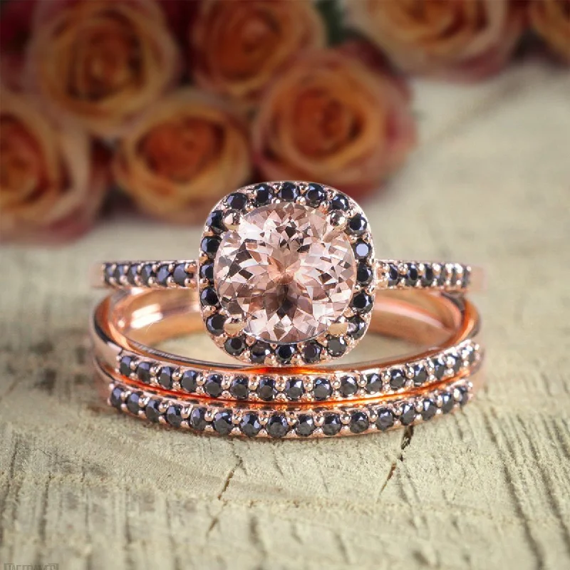 Art Deco 2 Carat Round Cut Morganite And Black Diamond Moissanite Trio Wedding Set Bridal Ring Set in 10k Rose Gold