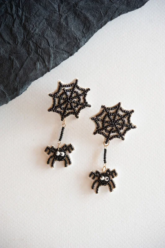 Classic lock rings-Yarn tassel earrings-Black Spiderweb Dangle | Beaded Halloween Spider Earring