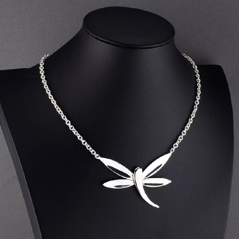 Light wood necklaces-Large Sterling Silver Dragonfly Necklace