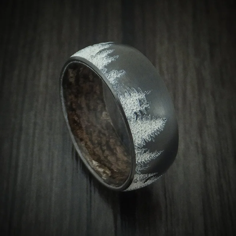 Black Zirconium Spruce Pine Tree Men's Ring with Camo Sleeve Custom Made Wedding Band