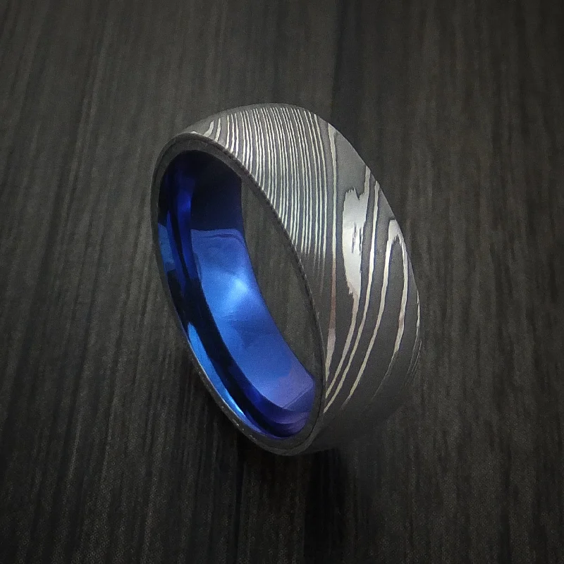 Damascus Steel Men's Ring with Anodized Titanium Interior Sleeve Custom Made