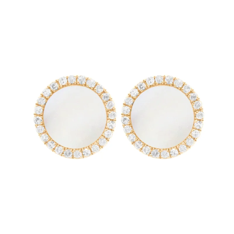 Thin hoop earrings-Antique clip earrings-14K GOLD DIAMOND AND MOTHER OF PEARL LIELLE CIRCLE STUDS