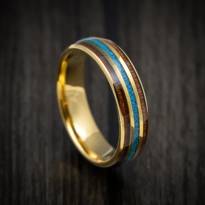 Yellow Gold Tungsten Men's Ring with Turquoise and Rosewood Inlays Custom Made Band