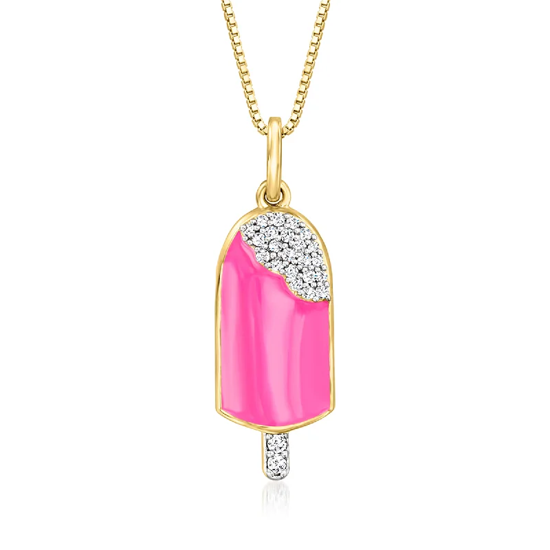 Lustrous pearl necklaces-Ross-Simons Diamond and Pink Enamel Popsicle Pendant Necklace in 18kt Gold Over Sterling