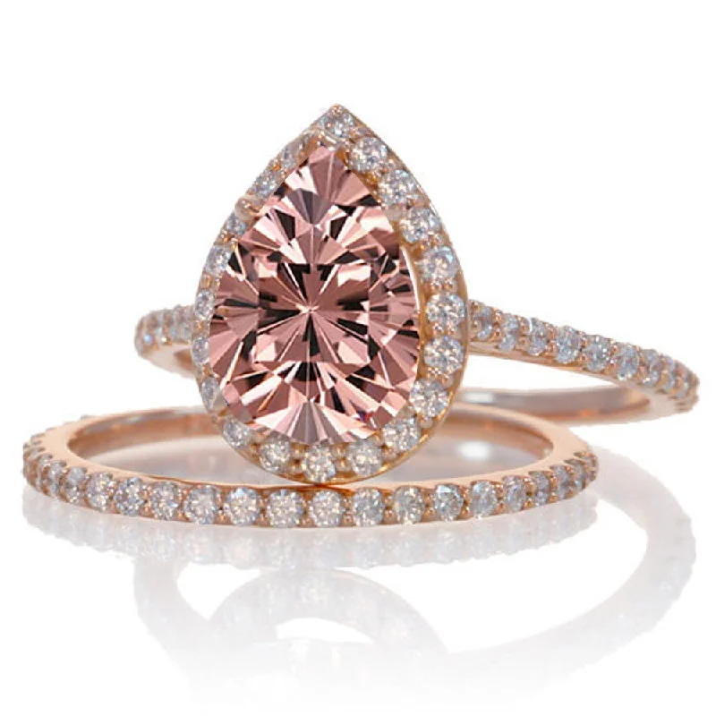 Pear Cut 2 Carat Morganite And Diamond Moissanite Halo Bridal Ring Set on 10k Rose Gold