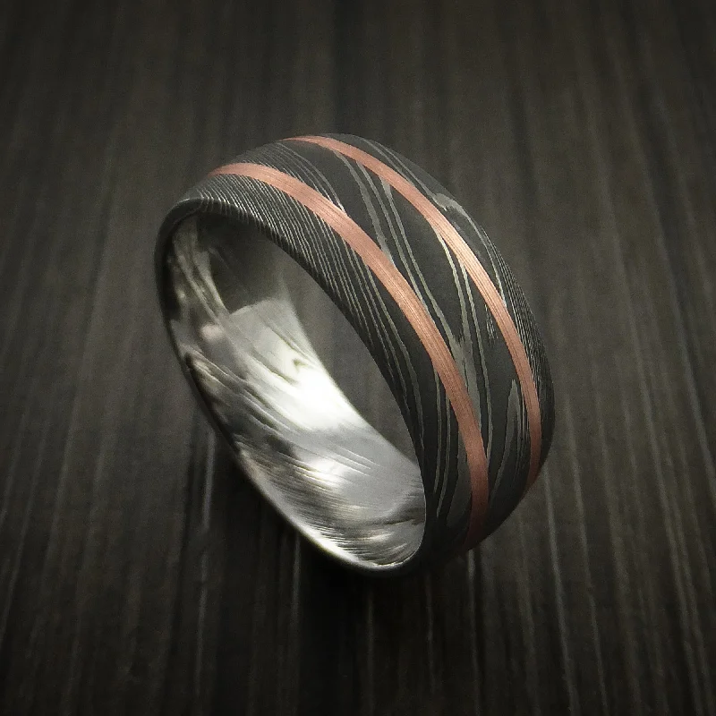 Damascus Steel Men's Ring with Copper Inlays Custom Made Band