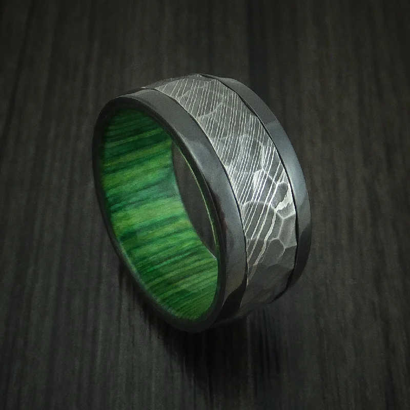 Black Zirconium and Hammered Damascus Steel Band with Hardwood Sleeve Custom Made Men's Ring