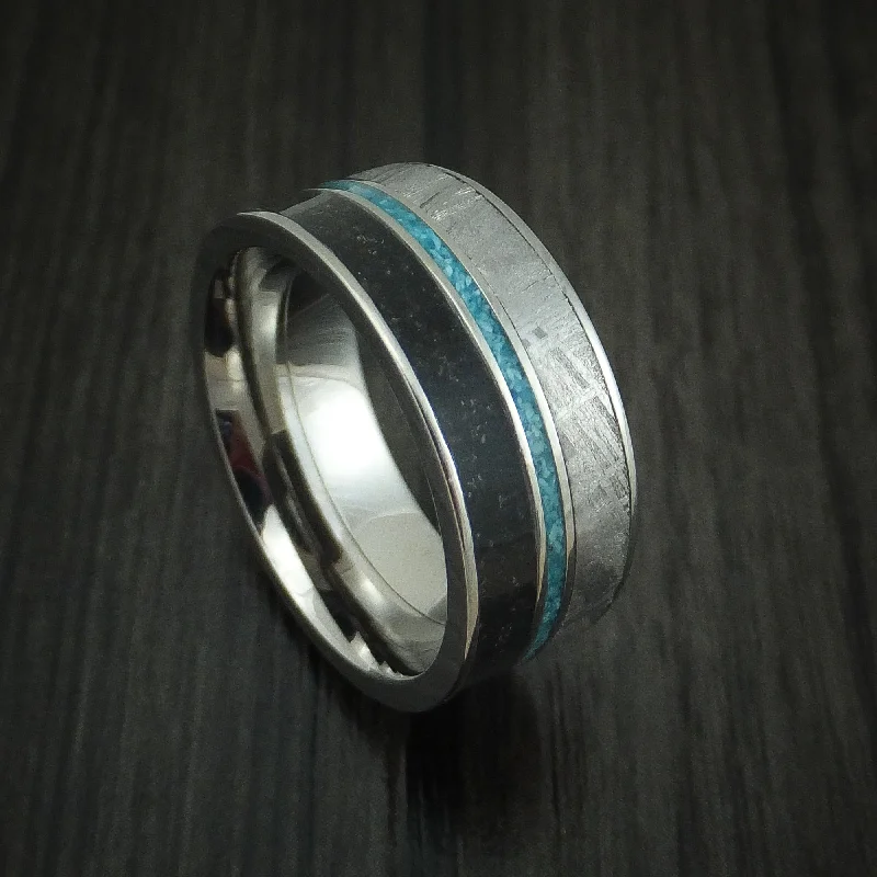 Titanium Black Dinosaur Bone and Gibeon Meteorite Men's Ring with Turquoise Inlay Custom Made Fossil Band