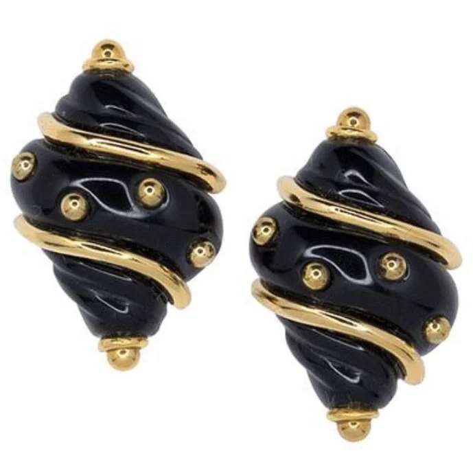 Polished bead rings-Wanderer weave earrings-Black dot shell