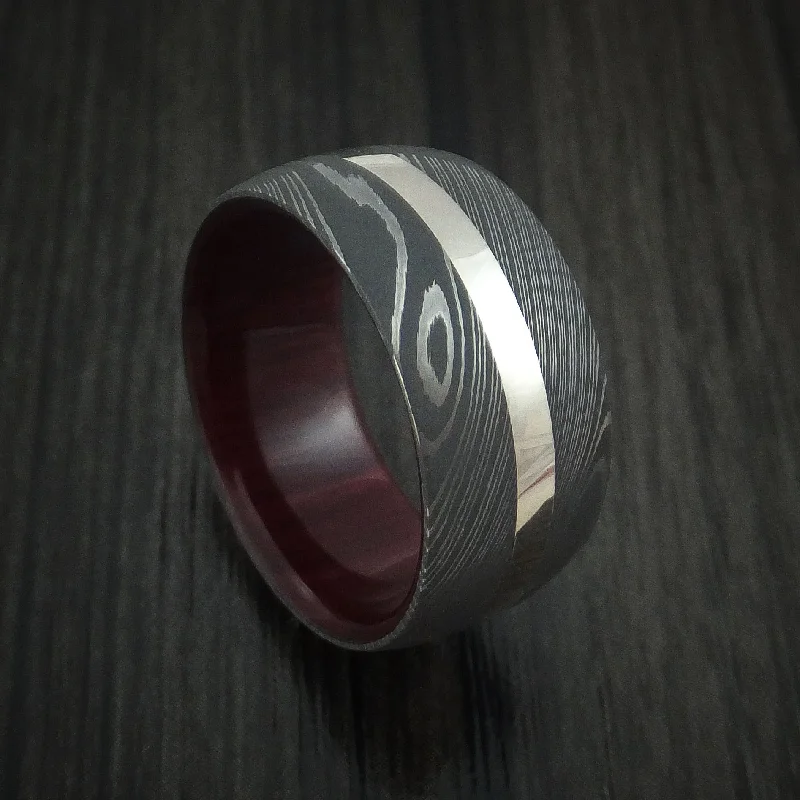 Damascus Steel and 14k White Gold Men's Ring with Red Heart Hardwood Sleeve Custom Made Band