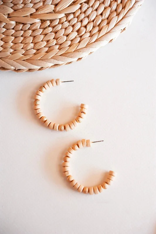 Tide shape earrings-Heavy ring earrings-Ginger Natural Wood and Gold Bead Hoop Earrings