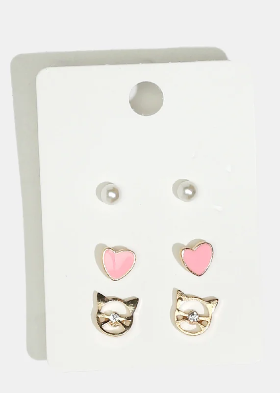 Gem-woven earrings-Fine texture earrings-3-Pair Heart & Cat Stud Earrings