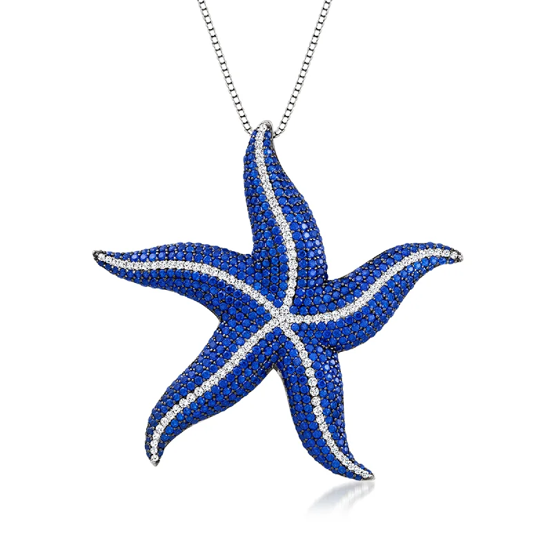 Sapphire pendant necklaces-Ross-Simons Italian Simulated Sapphire and CZ Starfish Pendant Necklace in Sterling Silver