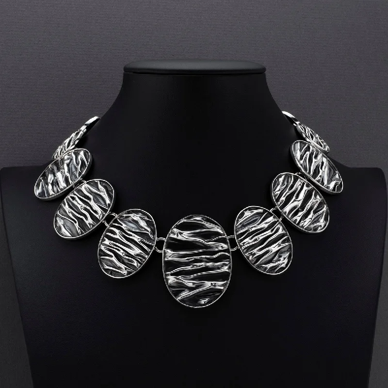 Linen cord necklaces-Taxco Silver Oval Corrugated Statement Necklace