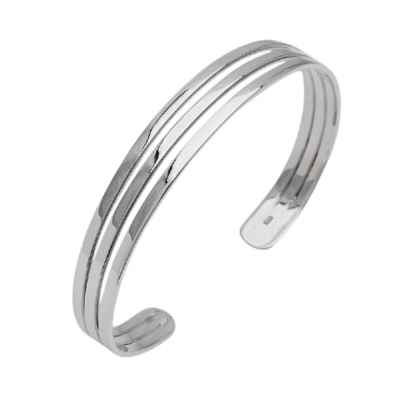 Classic deco bangles-Womens 925 Sterling Silver Cuff Bangle Bracelet Triple-Bars