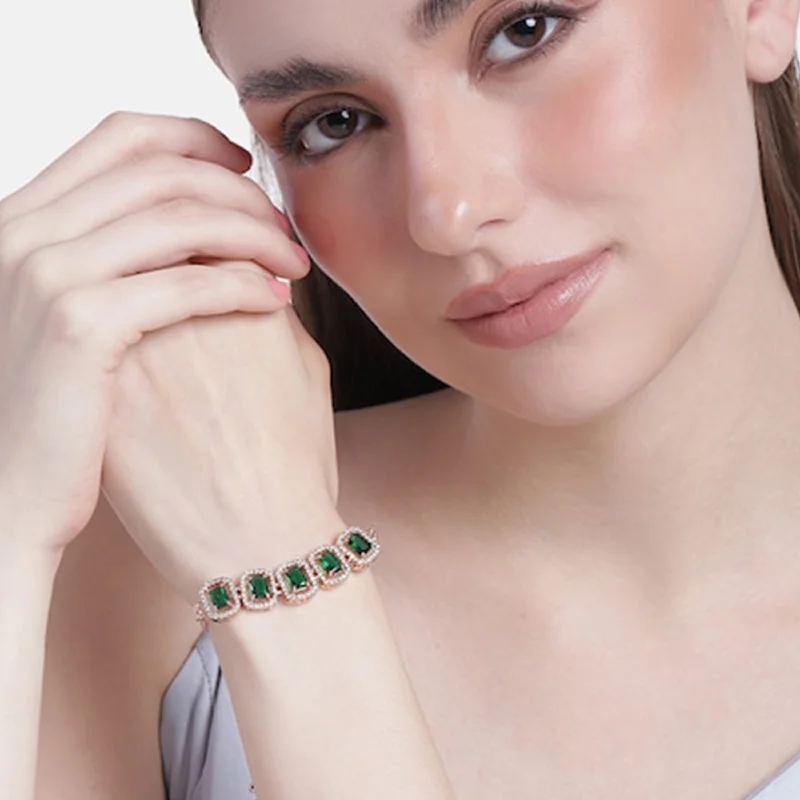 Smooth link bracelets-Estele Rose Gold Plated CZ Ossum Octagon Bracelet with Green Crystals for Women