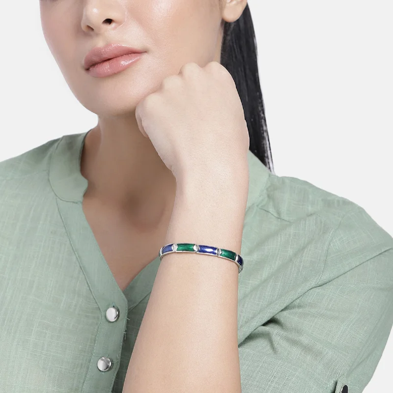 Classic deco bangles-Estele Rhodium Plated Blue and Green Enamel Cuff Bracelet for women