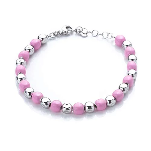 Braided tribal bangles-Women's Pink Enamel Silver Beaded Bracelet Adjustable Size