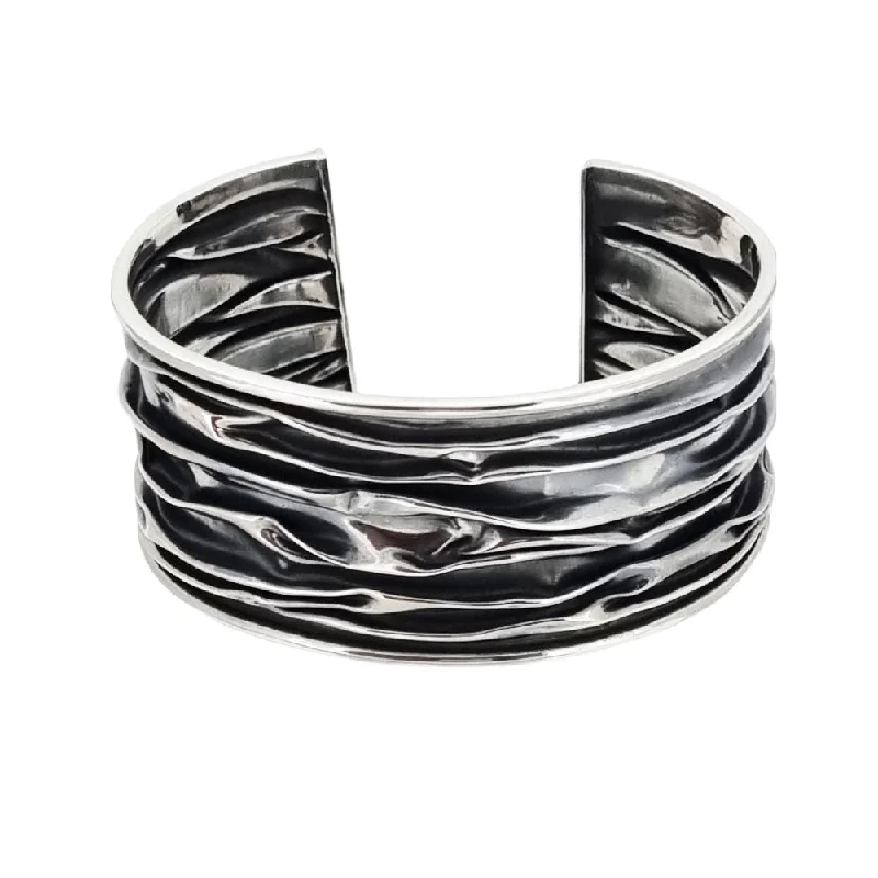 Polished silver bangles-Women's Chunky Silver Cuff - 30mm Crushed Bangle Bracelet 925 Sterling Silver