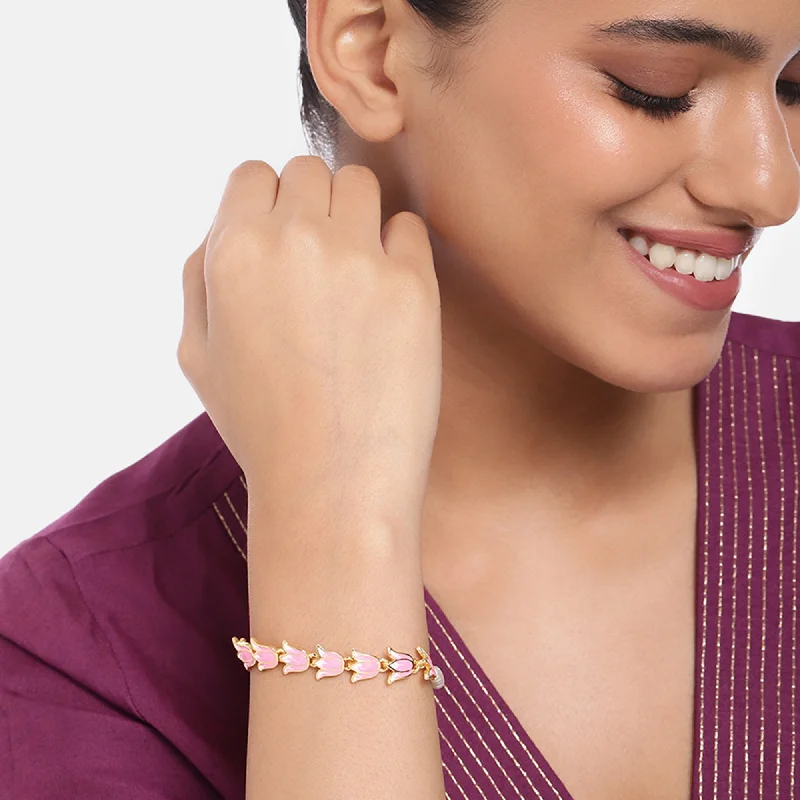 Thin wing bangles-Estele Gold Plated Exquisite Lotus Designer Adjustable Link Bracelet with Pearls & Pink Enamel for Girl's & Women