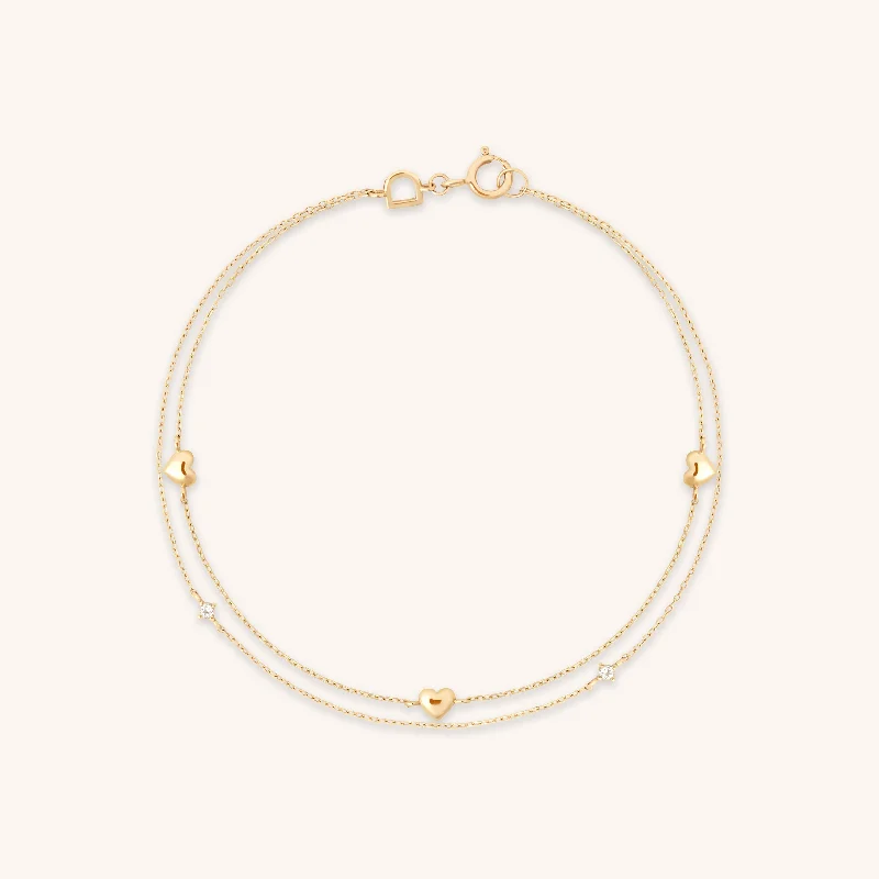 Stretchy cord bracelets-Heart Charm Double Chain Bracelet in Solid Gold