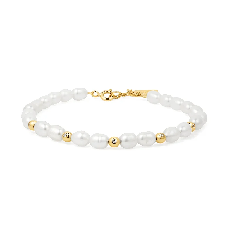 Braided cord bracelets-Ania Haie Gold Freshwater Pearl White Cubic Zirconia Bezel Set Bracelet B058-05G