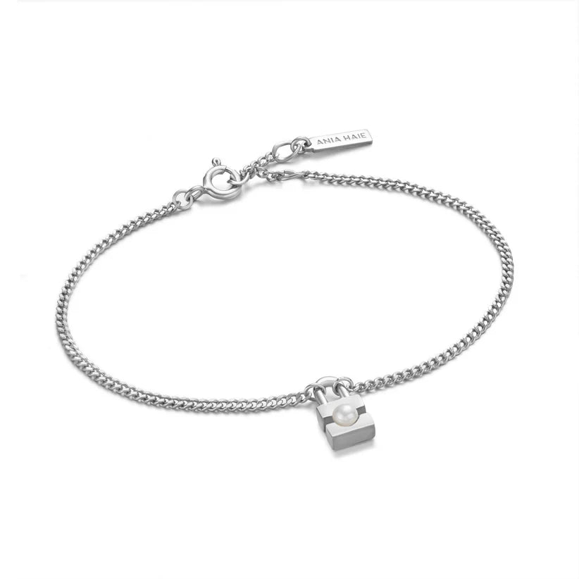 Night gothic bracelets-Ania Haie Silver Pearl Padlock Bracelet B054-01H