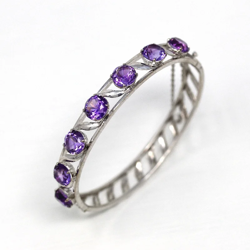 Faith charm bangles-Sale - Genuine Amethyst Bracelet - Vintage 10k White Gold 9.35 Carat Purple Gems Bangle - Retro 1960s Hinged February Birthstone 60s Jewelry