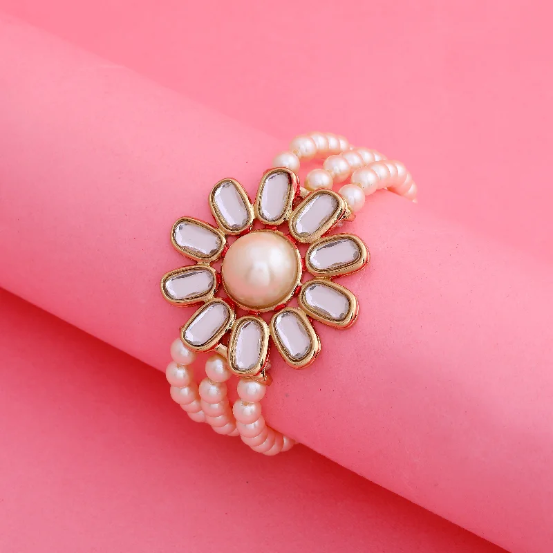 Thick cuff bangles-Traditional Gold tone Pearl Flower Kundan Bracelet