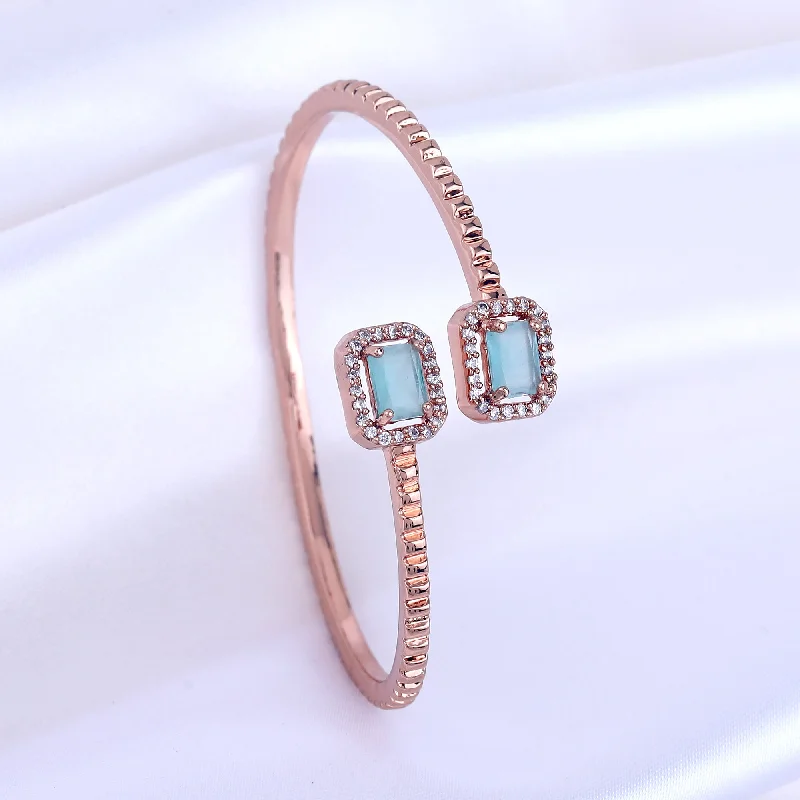 Onyx bead bracelets-Estele Rosegold Plated Minimalistic Lightweight Kada Bracelet with Lavish Mint Green American Diamonds|Elegant Jewelry for Women