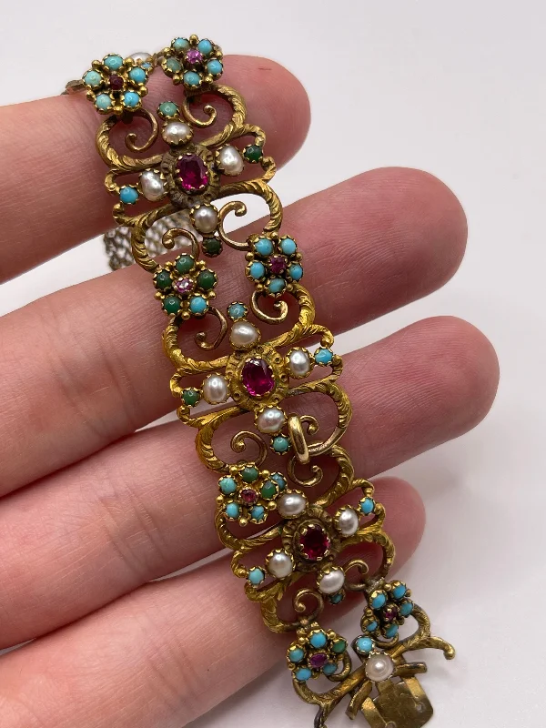 Stone weave bracelets-Antique 15ct gold turquoise, pearl and ruby bracelet