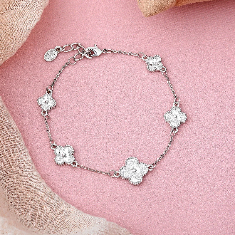 Classic lock bracelets-Estele Rhodium Plated Latest Fancy Clover Leaf Designer Adjustable Charm Bracelet for Girls and Women